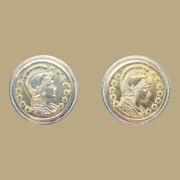 Vintage 80s/90s Gold Tone Metal Napoleon Coin Earrings 1.5 Inches Wide Plastic B - Picture 4 of 8